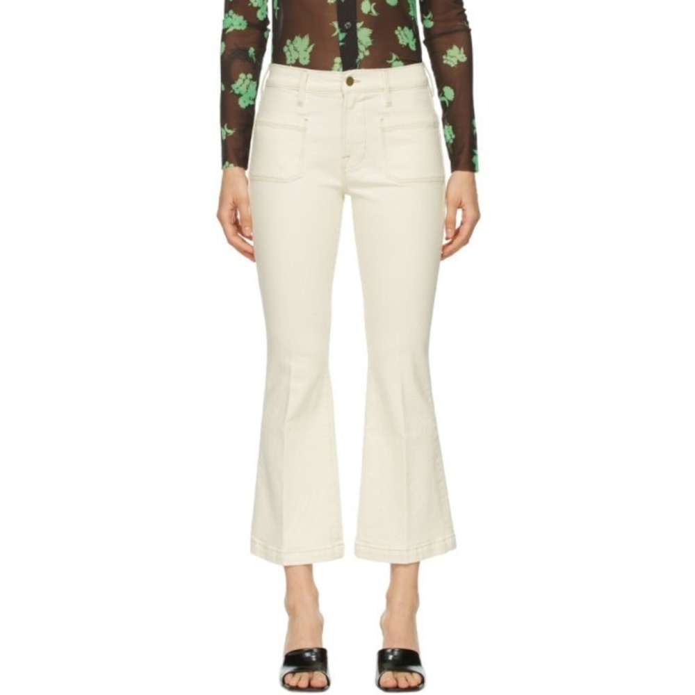 FRAME Le Bardot Crop Flare Jeans Off White Highβ Rise Patch Pocket Denim 24